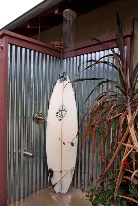 corrugated metal outdoor shower enclosure|sealing corrugated metal in shower.